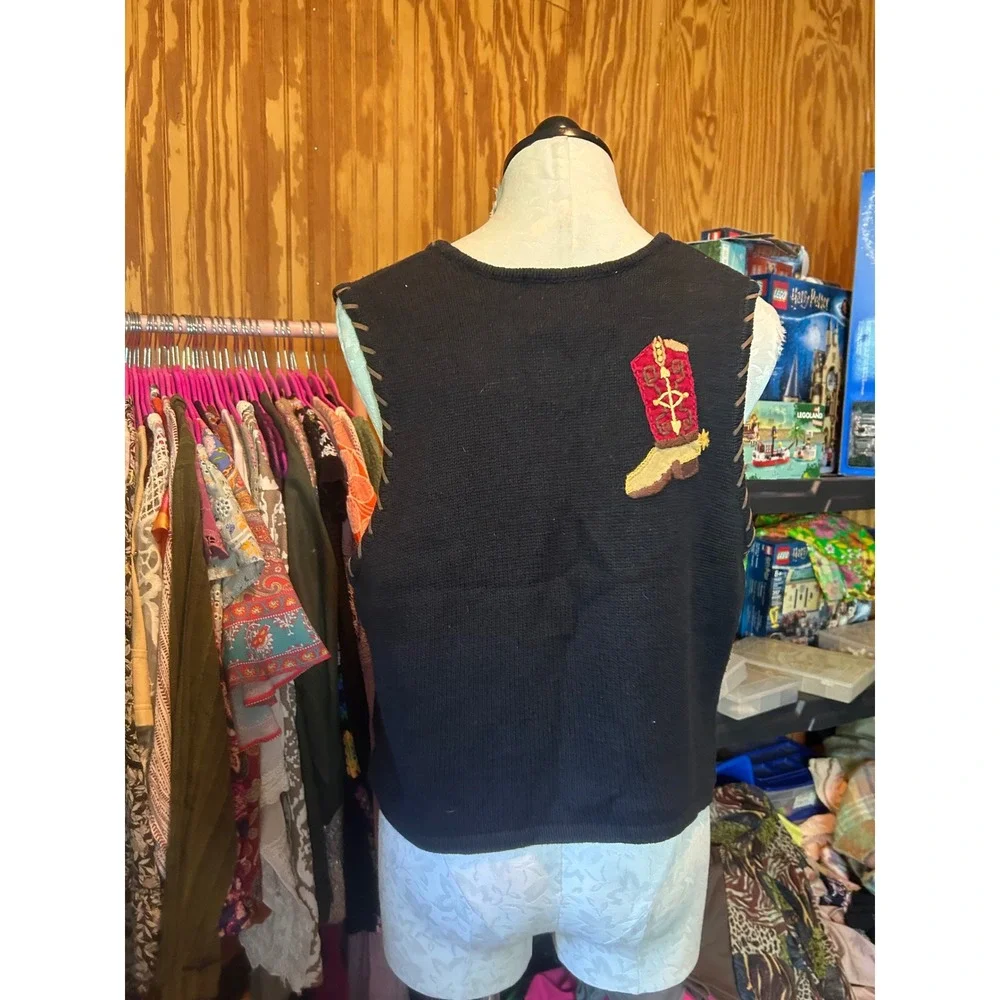 Tiara International Vintage Western Knit‎ Vest Black Cowboy Equestrian Horse L